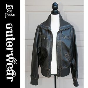 Distressed Brown Faux Leather Bomber Jacket Large